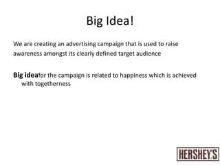 CampaignHershey’s has to be localizedHershey’s previously hired OMD MENA as its media partner, to understand regional and local needsHershey’s is competing with international chocolate brands as well as local onesHershey’s mainly carries out below-the-line activities in the UAE marketWhereas its close competitors like Galaxy and FerrorRocher do a lot of advertising on TV and in print