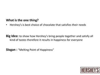 Creative briefWhat do we want to accomplish?To maintain a unique position in the chocolate market in the UAEShow the advantages of the Hershey’s such as the variety of chocolate types they are offering their customers.Who are we talking to?Females from all ethnic groups who live in the UAE, ages from (18-25)What do we want them to think?The only chocolate that satisfies their needs To associate Hershey’s brand with the sense of belonging that brings everyone together. 