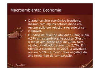 Macroambiente: Economia

             • O atual cenário econômico brasileiro,
               mesmo com alguns setores ainda em
               recuperação em relação a recente crise,
               é estável.
             • O Índice de Nível de Atividade (INA) subiu
               4,3% em setembro ante agosto (Fiesp).
               A maior alta desde abril de 2008. Sem
               ajuste, o indicador aumentou 2,7%. Em
               relação a setembro de 2008, a atividade
               recuou 6,0% - a menor taxa negativa do
               ano nesse tipo de comparação.


  Fonte: FIESP
 