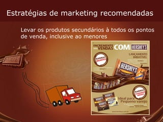 Estratégias de marketing recomendadas Levar os produtos secundários à todos os pontos de venda, inclusive ao menores 