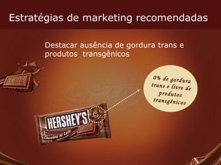 Estratégias de marketing recomendadas Destacar ausência de gordura trans e produtos  transgênicos 0% de gordura trans e livre de produtos transgênicos 