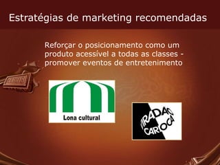 Estratégias de marketing recomendadas Reforçar o posicionamento como um produto acessível a todas as classes - promover eventos de entretenimento 