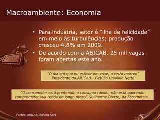 Macroambiente: Economia Para indústria, setor é “ilha de felicidade” em meio às turbulências; produção cresceu 4,8% em 2009. De acordo com a ABICAB, 25 mil vagas foram abertas este ano. Fontes: ABICAB, Editora Abril “ O consumidor está preferindo o consumo rápido, não está querendo comprometer sua renda no longo prazo” Guilherme Dietze, da Fecomercio.  “ O dia em que eu estiver em crise, o resto morreu” Presidente da ABICAB - Getúlio Ursolino Netto 
