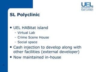 SL Polyclinic UEL HABitat island Virtual Lab Crime Scene House Social space Cash injection to develop along with other facilities (external developer) Now maintained in-house R 