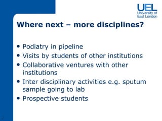 Where next – more disciplines? Podiatry in pipeline Visits by students of other institutions Collaborative ventures with other institutions Inter disciplinary activities e.g. sputum sample going to lab Prospective students J 