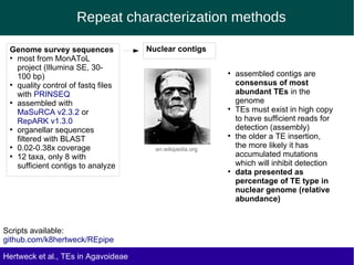 Repeat characterization methods
Genome survey sequences
●
most from MonAToL
project (Illumina SE, 30-
100 bp)
●
quality control of fastq files
with PRINSEQ
●
assembled with
MaSuRCA v2.3.2 or
RepARK v1.3.0
●
organellar sequences
filtered with BLAST
●
0.02-0.38x coverage
●
12 taxa, only 8 with
sufficient contigs to analyze
Scripts available:
github.com/k8hertweck/REpipe
Hertweck et al., TEs in Agavoideae
Nuclear contigs
●
assembled contigs are
consensus of most
abundant TEs in the
genome
●
TEs must exist in high copy
to have sufficient reads for
detection (assembly)
●
the older a TE insertion,
the more likely it has
accumulated mutations
which will inhibit detection
●
data presented as
percentage of TE type in
nuclear genome (relative
abundance)
en.wikipedia.org
 