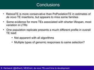Conclusions
●
RelocaTE is more conservative than PoPoolationTE in estimates of
de novo TE insertions, but appears to miss some families
●
Some evidence for more TEs associated with shorter lifespan, most
variation in LTRs
●
One population replicate presents a much different profile in overall
TE load:
●
Not apparent with all algorithms
●
Multiple types of genomic responses to same selection?
K. Hertweck (@k8hert), NESCent, de novo TEs and time to development
 