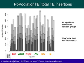 PoPoolationTE: total TE insertions
K. Hertweck (@k8hert), NESCent, de novo TEs and time to development
CO NCOACO AO BO B
No significant
differences
between groups
What's the deal
with replicate 5?
 