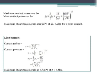 Maximum contact pressure -- P0
Mean contact pressure - Pm
Mean contact pressure – Pm
With , Po =3/2 Pm
Line contact
Contact radius –
Contact pressure –
Maximum shear stress occurs at 0.30 P0 at Z = 0.78a.
Maximum shear stress occurs at 0.31 P0 at Z= 0.48a for a point contact.
 