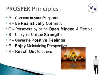  P – Connect to your Purpose
 R – Be Realistically Optimistic

 O – Persevere by being Open Minded & Flexible

 S – Use your Unique Strengths

 P – Generate Positive Feelings

 E – Enjoy Maintaining Perspective

 R – Reach Out to others
 