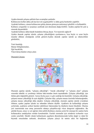 Ayakta durarak çalıĢma Ģeklinin bazı avantajları Ģunlardır.
Kullanıcının kolları daha çok kas kuvveti uygulayabilir ve daha geniĢ hareketler yapabilir.
Ayaktaki kullanıcı, oturan kullanıcının görüĢ alanına girmeyen malzemeyi görebilir ve kullanabilir.
Kullanıcı yorgunluk ve uyuĢmayı azaltmak için durumunu değiĢ­tirebilir. Ayakta yapılan bir çok iĢ
oturarak dayanılabilir.
Ayaktaki kullanıcı daha küçük boĢluklara ihtiyaç duyar. Yer tasarrufu sağlar.Ø
Ayakta durarak yapılan iĢlerde, çalıĢma yüksekliğinin ayarlanma­sı, kısa boylu ve uzun boylu
insanlar dikkate alındığında zorluk gösterir.Ayakta durarak yapılan iĢlerde Ģu rahatsızlıklar
görülebilir;
Varis hastalığı.
Damar iltihaplanmaları,
Eğri bacaklılık,
Vücut duruĢ hataları ortaya çıkar.
Oturarak ÇalıĢma

Oturarak yapılan iĢlerde, ―çalıĢma yüksekliği‖, ―oturak yüksekliği‖ ve ―çalıĢma alanı‖ çalıĢma
sırasında rahatlık ve yorulmayı önleme bakı­mından önem taĢımaktadır. ÇalıĢma yüksekliği, iĢin
türüne göre değiĢiklik gösterir. Ayrıca ba­kıĢ açısı ve göz uzaklığı da önemlidir. ÇalıĢma yüksekliği,
çalıĢma masası yüksekliği ile aynı değildir. ÇalıĢılan obje, çalıĢma masası üzerinde bulunacağından,
çalıĢma masası yüksekliği daha alçaktır. ÇalıĢma yüksekliği, oturarak yapılan iĢlerde o­turaktan
itibaren, ayakta yapılan iĢlerde ise tabandan itibaren ölçülür. Ayakların da kullanıldığı çalıĢma
yerlerinde, ayakların serbest hareket edebilmesi bakımından bu ölçülerin önemi büyüktür. Oturma
yeri tasarımında esas amaç personelin rahatça çalıĢabile­ceği vücut dengesini sağlamaktır. Bu
Ģekilde boyun, omuz ve sırt ağrıları önle­nebilir.Kullanıcı oturma yerini bir oturuĢta bir saatten fazla
kullanacaksa sandalyelere minder konulmalıdır. Fasılalı oturmalar için mindersiz ta­bureler veya
sıralar yeterlidir. Sürekli olarak kullanılacak aygıtların düzenlenmesinde kollar doğal ve rahat bir
biçimde omuzlardan sarkmalı, dirseklerse çalıĢma yüzeyi ile tatmin edici bir bağlantıda
14

 