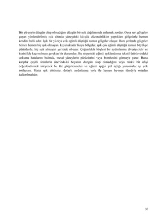 Bir yü­zeyin düzgün olup olmadığını düzgün bir ıĢık dağılımında anlamak zordur. Oysa sert gölgeler
yapan yönlendirilmiĢ ıĢık altında yüzeydeki kü­çük düzensizlikler yaptıkları gölgelerle hemen
kendini belli eder. IĢık bir yüzeye çok eğimli düĢtüğü zaman gölgeler oluĢur. Bazı yerlerde gölgeler
hemen hemen hiç ıĢık olmayan. koyuluktadır Koyu bölgeler, ıĢık çok eğimli düĢtüğü zaman büyükçe
pürüzlerde, hiç ıĢık almayan yerlerde ol­uĢur. Çoğunlukla böylesi bir aydınlanma elveriĢsizdir ve
kesinlikle kaçı­nılması gereken bir durumdur. Bu nispetteki eğimli ıĢıklandırma tekstil ürünlerindeki
dokuma hatalarını bulmak, metal yüzeylerin pürüzlerini veya bombesini görmeye yarar. Buna
karĢılık çeĢitli ürünlerin üzerinde­ki boyanın düzgün olup olmadığını veya renkli bir afiĢi
değerlendirmek isteyecek bu tür gölgelenmeler ve eğimli ıĢığın yol açtığı yansımalar iĢi çok
zorlaĢtırır. Hatta ıĢık yönleniĢi dolaylı aydınlatma yolu ile hemen he­men tümüyle ortadan
kaldırılmalıdır.

30

 