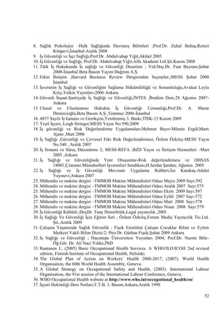 8. Sağlık Psikolojisi –Halk Sağlığında DavranıĢ Bilimleri ;Prof.Dr. Zuhal BaltaĢ;Remzi
Kitapevi;Ġstanbul-Aralık 2008
9. ĠĢ Güvenliği ve ĠĢçi Sağlığı,Prof.Dr. Abdulvahap Yiğit,Aktüel 2005
10. ĠĢ Güvenliği ve Sağlığı; Prof.Dr. Abdulvahap Yiğit,Alfa Akademi Ltd.ġti.Kasım 2008
11. Türk ĠĢ Hukukunda ĠĢ sağlığı ve Güvenliği Denetimi ; Yrd.Doç.Dr. Fuat Bayram,ġubat
2008-Ġstanbul Beta Basım Yayım Dağıtım A.ġ.
12. Etkin ĠletiĢim ,Harvard Business Review Dergisinden Seçmeler,;MESS ġubat 2000
Ġstanbul
13. ĠĢverenin ĠĢ Sağlığı ve Güvenliğini Sağlama Hükümlülüğü ve Sorumluluğu;Avukat Leyla
Kılıç,Yetkin Yayınları-2006 Ankara
14. Güvenli ĠnĢaat-ġantiyede ĠĢ Sağlığı ve Güvenliği,ĠNTES ,Ġbrahim Dere,28 Ağustos 2007Ankara
15. Ulusal ve Uluslararası Hukukta ĠĢ Güvenliği Uzmanlığı,Prof.Dr. A. Murat
Demircioğlu,Beta Basım A.ġ.,Temmuz 2006-Ġstanbul
16. 4857 Sayılı ĠĢ kanunu ve Gerekçesi,YenilenmiĢ 3. Baskı,TĠSK-15 Kasım 2009
17. YeĢil ĠĢyeri, Leigh Stringer,MESS Yayın No:590,2009
18. ĠĢ güvenliği ve Risk Değerlendirme Uygulamaları,Mehmet Bayır-Mümin Ergül,Martı
Ajans ,Mart 2006
19. ĠĢ Sağlığı ,Güvenliği ve Çevresel Etki Risk Değerlendirmesi; Özlem Özkılıç-MESS Yayın
No.540 , Aralık 2007
20. ĠĢ Sistami ve Süreç Düzenleme 2; MESS-REFA ;BZD Yayın ve ĠletiĢim Hizmetleri –Mart
2005 ,Ankara
21. ĠĢ Sağlığı ve Güvenliğinde Yeni OluĢumlar-Risk değerlendirmesi ve OHSAS
18001;Çimento Müstahsilleri ĠĢverenleri Sendikası,H.Serdar ġardan; Ağustos 2005
22. ĠĢ Sağlığı ve ĠĢ Güvenliği Mevzuatı Uygulama Rehberi,Ġsa KarakaĢ-Adalet
Yayınevi;Ankara 2007
23. Mühendis ve makine dergisi –TMMOB Makine Mühendisleri Odası Mayıs 2009 Sayı:592
24. Mühendis ve makine dergisi –TMMOB Makine Mühendisleri Odası Aralık 2007 Sayı:575
25. Mühendis ve makine dergisi –TMMOB Makine Mühendisleri Odası Ekim 2009 Sayı:597
26. Mühendis ve makine dergisi –TMMOB Makine Mühendisleri Odası Eylül 2007 Sayı:572
27. Mühendis ve makine dergisi –TMMOB Makine Mühendisleri Odası Mart 2008 Sayı:578
28. Mühendis ve makine dergisi –TMMOB Makine Mühendisleri Odası Nisan 2008 Sayı:579
29. ĠĢ Güvenliği Kültürü ;DoçDr. Tunç Demirbilek,Legal yayıncılık ,2005
30. ĠĢ Sağlığı Ve Güvenliği Ġçin Eğitim Seti ; Özlem Özkılıç,Forum Media Yayıncılık Tic.Ltd.
ġti.,Aralık 2009
31. ÇalıĢma YaĢamında Sağlık Güvenlik ; FiĢek Enstitüsü ÇalıĢan Çocuklar Bilim ve Eylem
Merkezi Vakfı Bilim Dizisi:2; Ptro.Dr. Gürhan FiĢek,ġubat 2009 Ankara
32. ĠĢ Sağlığı ve Güvenliği ; Hacettepe Üniversitesi Yayınları 2004; Prof.Dr. Nazmi BilirÖğ.Gör. Dr. Ali Naci Yıldız,PhD
33. Rantanen J., (2005) Basic Occupational Health Services. A WHO/ILO/ICOH 2nd revised
edition, Finnish Institute of Occupational Health, Helsinki.
34. The Global Plan of Action on Workers‘ Health 2008-2017, (2007). World Health
Organisation, the 60th World Health Assembly, Geneva.
35. A Global Strategy on Occupational Safety and Health, (2003). International Labour
Organisation, the 91st session of the International Labour Conference, Geneva.
36. WHO Occupational Health website at http://www.who.int/occupational_health/en/
37. ĠĢyeri Hekimliği Ders Notları;T.T.B. 3. Basım;Ankara,Aralık 1998
52

 