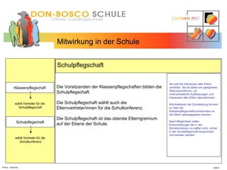 N.Hinz – Elterninfo  Mitwirkung in der Schule Schulpflegschaft  Klassenpflegschaft wählt Vertreter für die  Schulpflegschaft Die Vorsitzenden der Klassenpflegschaften bilden die Schulpflegschaft. Die Schulpflegschaft wählt auch die Elternvertreter/innen für die Schulkonferenz. Die Schulpflegschaft ist das oberste Elterngremium auf der Ebene der Schule.  Schulpflegschaft wählt Vertreter für die  Schulkonferenz Sie soll die Interessen aller Eltern vertreten. Sie ist daher ein geeignetes Diskussionsforum, um unterschiedliche Auffassungen und Interessen aller Eltern abzustimmen. Informationen der Schulleitung können so über die Klassenpflegschaftsvorsitzenden an die Eltern weitergegeben werden. Nach Möglichkeit sollen Entscheidungen die in der Schulkonferenz zu treffen sind, vorher in der Schulpflegschaft besprochen und beraten werden.  