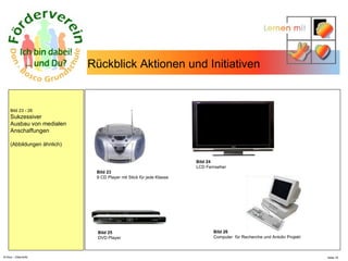 N.Hinz – Elterninfo  Rückblick Aktionen und Initiativen  Bild 23 - 26 Sukzessiver  Ausbau von medialen Anschaffungen (Abbildungen ähnlich) Bild 24 LCD Fernseher Bild 23 9 CD Player mit Stick für jede Klasse Bild 25 DVD Player Bild 26 Computer  für Recherche und Antolin Projekt 