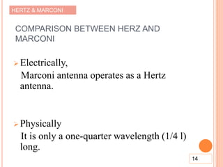 HERTZ & MARCONI
COMPARISON BETWEEN HERZ AND
MARCONI
 Electrically,
Marconi antenna operates as a Hertz
antenna.
 Physically
It is only a one-quarter wavelength (1/4 l)
long.
14
 