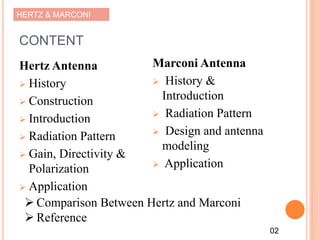 HERTZ & MARCONI
CONTENT
Hertz Antenna
 History
 Construction
 Introduction
 Radiation Pattern
 Gain, Directivity &
Polarization
 Application
Marconi Antenna
 History &
Introduction
 Radiation Pattern
 Design and antenna
modeling
 Application
 Comparison Between Hertz and Marconi
 Reference
02
 