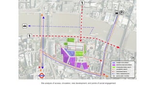 Site analysis of access, circulation, new development, and points of social engagement
 