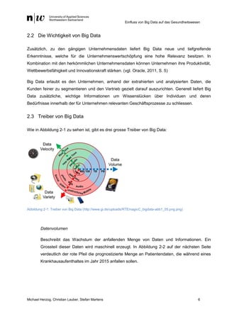 Einfluss von Big Data auf das Gesundheitswesen
Michael Herzog, Christian Lauber, Stefan Martens 6
2.2 Die Wichtigkeit von Big Data
Zusätzlich, zu den gängigen Unternehmensdaten liefert Big Data neue und tiefgreifende
Erkenntnisse, welche für die Unternehmenswertschöpfung eine hohe Relevanz besitzen. In
Kombination mit den herkömmlichen Unternehmensdaten können Unternehmen ihre Produktivität,
Wettbewerbsfähigkeit und Innovationskraft stärken. (vgl. Oracle, 2011, S. 5)
Big Data erlaubt es den Unternehmen, anhand der extrahierten und analysierten Daten, die
Kunden feiner zu segmentieren und den Vertrieb gezielt darauf auszurichten. Generell liefert Big
Data zusätzliche, wichtige Informationen um Wissenslücken über Individuen und deren
Bedürfnisse innerhalb der für Unternehmen relevanten Geschäftsprozesse zu schliessen.
2.3 Treiber von Big Data
Wie in Abbildung 2-1 zu sehen ist, gibt es drei grosse Treiber von Big Data:
Abbildung 2-1: Treiber von Big Data (http://www.gi.de/uploads/RTEmagicC_bigdata-abb1_05.png.png)
Datenvolumen
Beschreibt das Wachstum der anfallenden Menge von Daten und Informationen. Ein
Grossteil dieser Daten wird maschinell erzeugt. In Abbildung 2-2 auf der nächsten Seite
verdeutlich der rote Pfeil die prognostizierte Menge an Patientendaten, die während eines
Krankhausaufenthaltes im Jahr 2015 anfallen sollen.
 