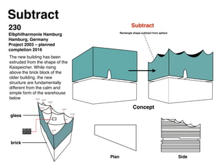 110.00M
103.00M
100.60M
100.83M
95.06M 89.00M
84.53M
87.91M
84.50M
90.00M
Subtract
Rectangle shape subtract from sphere
230 !
Elbphilharmonie Hamburg !
Hamburg, Germany !
Project 2003 – planned
completion 2016
Plan Side
The new building has been
extruded from the shape of the
Kaispeicher. While rising
above the brick block of the
older building. the new
structure are fundamentally
different from the calm and
simple form of the warehouse
below
Concept
Subtract
glass
brick
 