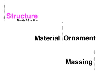 Structure
Material
Massing
Ornament
Beauty & function
 