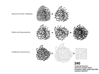 Abstraction of Arcbic Calligraphy
Rotation and Superimposition
Simplification and Extraction
240 !
Ciudad del Flamenco !
Jerez de la Frontera, Spain !
Competition 2003, project 2004-2006,
realization 2005-2011
 