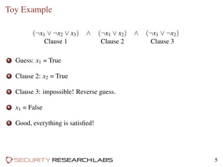 Toy Example
(¬x1 ∨ ¬x2 ∨ x3) ∧ (¬x1 ∨ x2) ∧ (¬x1 ∨ ¬x2)
Clause 1 Clause 2 Clause 3
1 Guess: x1 = True
2 Clause 2: x2 = True
3 Clause 3: impossible! Reverse guess.
4 x1 = False
5 Good, everything is satisﬁed!
5
 