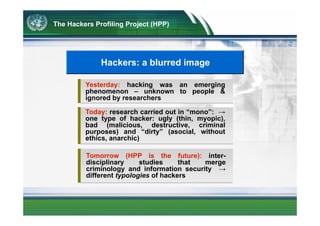 The Hackers Profiling Project (HPP)




        Project phases – starting: September 2004
           j    p               ...