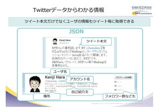 Twitterデータからわかる情報

ツイート本文だけでなくユーザの情報もツイート毎に取得できる

                JSON
                       ツイート本文




         ユーザ名

                アカウント名


                自己紹介文
    場所                                    フォロワー数なども
                         Copyright © 2011 NTT Communications Co., Ltd. All Rights Reserved.   7
 