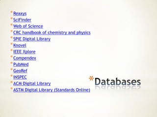 * Reaxys
* SciFinder
* Web of Science
* CRC handbook of chemistry and physics
* SPIE Digital Library
* Knovel
* IEEE Xplore
* Compendex
* PubMed
* GeoRef

                                       *
* INSPEC
* ACM Digital Library
* ASTM Digital Library (Standards Online)
 