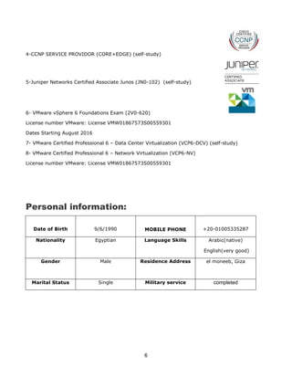 6
4-CCNP SERVICE PROVIDOR (CORE+EDGE) (self-study)
5-Juniper Networks Certified Associate Junos (JN0-102) (self-study)
6- VMware vSphere 6 Foundations Exam (2V0-620)
License number VMware: License VMW01867573S00559301
Dates Starting August 2016
7- VMware Certified Professional 6 – Data Center Virtualization (VCP6-DCV) (self-study)
8- VMware Certified Professional 6 – Network Virtualization (VCP6-NV)
License number VMware: License VMW01867573S00559301
Personal information:
Date of Birth 9/6/1990 MOBILE PHONE +20-01005335287
Nationality Egyptian Language Skills Arabic(native)
English(very good)
Gender Male Residence Address el moneeb, Giza
Marital Status Single Military service completed
 