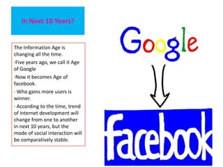 In Next 10 Years?


The Information Age is
changing all the time.
·Five years ago, we call it Age
of Google
·Now it becomes Age of
facebook.
· Who gains more users is
winner.
· According to the time, trend
of internet development will
change from one to another
in next 10 years, but the
mode of social interaction will
be comparatively stable.
 