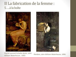 II La fabrication de la femme :
5. …àla boîte
Psyché ouvrant la boîte dorée, John
William Waterhouse , 1903
Pandore, John William Waterhouse, 1896
 
