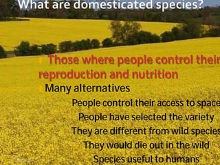 l Those where people control their
             reproduction and nutrition
             lMany alternatives
                   People control their access to space
                    People have selected the variety
                   They are different from wild species
                     They would die out in the wild
02/03/2012             Species useful to humans     5
 