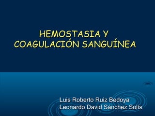 HEMOSTASIA Y
COAGULACIÓN SANGUÍNEA




       Luis Roberto Ruiz Bedoya
       Leonardo David Sánchez Solís
 