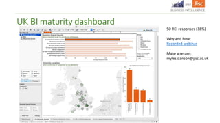 UK BI maturity dashboard
50 HEI responses (38%)
Why and how;
Recorded webinar
Make a return;
myles.danson@jisc.ac.uk
 