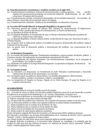 13. Transformaciones económicas y cambios sociales en el siglo XIX.
13.1. Transformaciones económicas. Proceso de desamortización y cambios agrarios. Las peculia-
ridades de la incorporación de España a la revolución industrial. Modernización de las infra-
estructuras: El impacto del ferrocarril.
13.2. Transformaciones sociales. Crecimiento demográfico. De la sociedad estamental a la sociedad de
clases. Génesis y desarrollo del movimiento obrero en España.
13.3. Transformaciones culturales. Cambio en las mentalidades. La educación y la prensa.
14. La crisis del Estado liberal, la Segunda República y la guerra civil.
14.1. Panorama general del reinado de Alfonso XIII. Intentos de modernización. El Regeneracio-
nismo. Crisis y quiebra del sistema de la Restauración. La Guerra de Marruecos.
14.2. La dictadura de Primo de Rivera.
14.3. La Segunda República: la Constitución de 1931 y el bienio reformista [incluyendo la política de
reformas y realizaciones culturales].
14.4. La Segunda República: el bienio radical-cedista. La Revolución de 1934. Las elecciones de 1936 y
el Frente Popular.
14.5. La guerra civil: la sublevación militar y el estallido de la guerra. El desarrollo del conflicto: etapas y
evolución de las dos zonas.
14.6. La guerra civil: la dimensión política e internacional del conflicto. Las consecuencias de la
guerra.
15. La dictadura franquista.
15.1. La creación del Estado franquista: Fundamentos ideológicos y apoyos sociales. Evolución política y
coyuntura exterior. Del aislamiento al reconocimiento internacional. El exilio.
15.2. La consolidación del régimen franquista. Las transformaciones económicas: de la autarquía al
desarrollismo. Los cambios sociales.
15.3. Elementos de cambio en la etapa final del franquismo. La oposición al régimen. Evolución de las
mentalidades. La cultura.
16. La España actual.
16.1. La transición a la democracia. La Constitución de 1978. Principios constitucionales y desarrollo
institucional. El estado de las autonomías y su evolución.
16.2. La España actual: los gobiernos democráticos. Los desafíos del golpismo y del terrorismo.
Cambios políticos, sociales y económicos. Cultura y mentalidades.
16.3. La integración de España en Europa. España en la Unión Europea. El papel de España en el
contexto internacional.
ACLARACIONES
5.1. Comprende tanto la corona de Castilla como la de Aragón.
8.3. La unión de reinos se refiere a la estructura política material a través de la que desarrolla su acción
de gobierno la monarquía de los Habsburgo (v. gr.: Corona, Chancillería, Consejos, etc.).
10.2. Los primeros Borbones se circunscribe a los reinados de Felipe V, Luis I y Fernando VI.
13. Todo su contenido versa sobre materia del siglo XIX.
14.5. El desarrollo del conflicto hace referencia a la evolución del escenario militar en las dos zonas.
14.6. La dimensión política se refiere a los aspectos políticos en ambos bandos contendientes.
15.1. Hasta el gobierno que se nombra el 25 de febrero de 1957.
15.2. Hasta el gobierno que se nombra el 29 de octubre de 1969.
15.3. Hasta el 20 de noviembre de 1975 (muerte de Franco).
16.1. Hasta octubre de 1982 (primer gobierno socialista).
Dentro del primer epígrafe del Tema (la transición a la democracia) deben señalarse al menos,
por imperativo cronológico, las acciones desestabilizadoras de la “matanza de Atocha” (1977), operación
“Galaxia” (1978) e intento golpista de Tejero (1981).
16.2. Desde octubre de 1982 hasta marzo 2000 (segundo gobierno partido popular).
El epígrafe dedicado al golpismo y el terrorismo debe adelantar su cronología a la señalada aquí de
octubre de 1982 pues hay que referirse al menos a la “matanza de Atocha” (1977), operación “Galaxia”
(1978) e intento golpista de Tejero (1981).
 