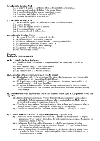 8. La España del siglo XVI.
8.1. El Imperio de Carlos V. Conflictos internos: Comunidades y Germanías.
8.2. La monarquía hispánica de Felipe II. La unidad ibérica.
8.3. El modelo político de los Austrias. La unión de reinos.
8.4. Economía y sociedad en la España del siglo XVI.
8.5. Cultura y mentalidades. La Inquisición.
9. La España del siglo XVII.
9.1. Los Austrias del siglo XVII. Gobierno de validos y conflictos internos.
9.2. La crisis de 1640.
9.3. El ocaso del Imperio español en Europa.
9.4. Evolución económica y social.
9.5. Esplendor cultural. El Siglo de Oro.
10. La España del siglo XVIII.
10.1. La guerra de Sucesión y el sistema de Utrecht.
10.2. Cambio dinástico. Los primeros Borbones.
10.3. Reformas en la organización del Estado. La monarquía centralista.
10.4. La práctica del despotismo ilustrado: Carlos III.
10.5. Evolución de la política exterior en Europa.
10.6. La política borbónica en América.
10.7. La Ilustración en España.
Bloque 3.
La España contemporánea
11. La crisis del Antiguo Régimen.
11.1. La crisis de 1808. La Guerra de la Independencia y los comienzos de la revolución
liberal.
11.2. Las Cortes de Cádiz y la Constitución de 1812.
11.3. Fernando VII: Absolutismo y liberalismo.
11.4. La emancipación de la América española.
12. La construcción y consolidación del Estado liberal.
12.1. El reinado de Isabel II. La oposición al liberalismo: Carlismo y guerra civil. La cuestión
foral. Construcción y evolución del Estado liberal.
12.2. El Sexenio democrático (1868-1874): Intentos democratizadores. La revolución, el rei-
nado de Amadeo I y la Primera República.
12.3. El régimen de la Restauración. Características y funcionamiento del sistema canovista.
La oposición al sistema. Nacimiento de los nacionalismos periféricos. Guerra colonial y
crisis de 1898.
13. Transformaciones económicas y cambios sociales en el siglo XIX y primer tercio del
siglo XX.
13.1. Transformaciones económicas. Proceso de desamortización y cambios agrarios. Las pe-
culiaridades de la incorporación de España a la revolución industrial. Modernización
de las infraestructuras: El impacto del ferrocarril.
13.2. Transformaciones sociales. Crecimiento demográfico. De la sociedad estamental a la so-
ciedad de clases. Génesis y desarrollo del movimiento obrero en España.
13.3. Transformaciones culturales. Cambio en las mentalidades. La educación y la prensa.
14. La crisis del Estado liberal, la Segunda República y la guerra civil.
14.1. Panorama general del reinado de Alfonso XIII. Intentos de modernización. El Regene-
racionismo. Crisis y quiebra del sistema de la Restauración. La Guerra de Marruecos. La
dictadura de Primo de Rivera.
14.2. La Segunda República. La Constitución de 1931. Del bienio reformista al radical –
cedista. La Revolución de 1934. Las elecciones de 1936 y el Frente Popular. Política
de reformas y realizaciones culturales.
14.3. La sublevación militar y el estallido de la guerra civil. El desarrollo de la guerra: Etapas
y evolución de las dos zonas. La dimensión política e internacional del conflicto. Las
consecuencias de la guerra.
 
