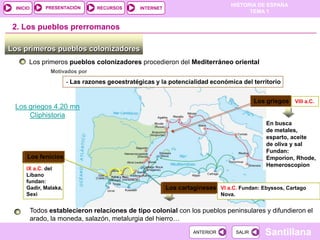 PRESENTACIÓN
                                                                                   HISTORIA DE ESPAÑA
  INICIO                         RECURSOS       INTERNET
                                                                                         TEMA 1


 2. Los pueblos prerromanos

Los primeros pueblos colonizadores
       Los primeros pueblos colonizadores procedieron del Mediterráneo oriental
                 Motivados por

                       - Las razones geoestratégicas y la potencialidad económica del territorio


                                                                                                Los griegos VIII a.C.
 Los griegos 4.20 mn
     Cliphistoria
                                                                                                    En busca
                                                                                                    de metales,
                                                                                                    esparto, aceite
                                                                                                    de oliva y sal
                                                                                                    Fundan:
      Los fenicios
      Los fenicios                                                                                  Emporion, Rhode,
                                                                                                    Hemeroscopion
      IX a.C. del
      Líbano
      fundan:
      Gadir, Malaka,                                       Los cartagineses
                                                           Los cartagineses VI a.C. Fundan: Ebyssos, Cartago
      Sexi                                                                      Nova.


           Todos establecieron relaciones de tipo colonial con los pueblos peninsulares y difundieron el
           arado, la moneda, salazón, metalurgia del hierro…
                                                                     ANTERIOR           SALIR      Santillana
 