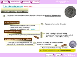 PRESENTACIÓN
                                                                                   HISTORIA DE ESPAÑA
 INICIO                         RECURSOS       INTERNET
                                                                                         TEMA 1


 3. La Hispania romana                 video


La economía hispano-romana

    La economía romana se fundamentaba en la utilización de mano de obra esclava



   El sector primario
                                                                   Aparece el barbecho, el regadío
           -Se fundamentaba en la clásica tríada
           mediterránea: trigo, vid y olivo
           -La pesca con salazones, sal, y garum
  Actividades mineras
                                                                    Plata y plomo (Cartagena) cobre
          - Hispania era muy rica en yacimientos mineros            (Andalucía y Asturias) mercurio (Almadén)
                                                                    oro (Galicia y León) estaño (Galicia)
  Una economía monetaria y urbana

      - El imperio romano se basaba en una          A través de una red de comunicaciones
      economía de intercambios comerciales          terrestres y marítimas

                                                            - Ponía en contacto regiones y ciudades

                                                           Con unaCon una moneda internacional: el denario romano
                                                                  moneda internacional: el denario romano


                                                                     ANTERIOR        SALIR       Santillana
 