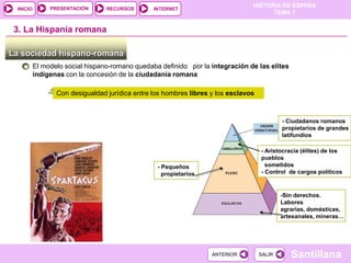 PRESENTACIÓN
                                                                                 HISTORIA DE ESPAÑA
 INICIO                          RECURSOS       INTERNET
                                                                                       TEMA 1


 3. La Hispania romana

La sociedad hispano-romana
          El modelo social hispano-romano quedaba definido por la integración de las elites
          indígenas con la concesión de la ciudadanía romana

                 Con desigualdad jurídica entre los hombres libres y y los esclavos
                  Con desigualdad jurídica entre los hombres libres los esclavos



                                                                                              - Ciudadanos romanos
                                                                                              propietarios de grandes
                                                                                              latifundios

                                                                                      - Aristocracia (élites) de los
                                                                                      pueblos
                                                  - Pequeños                            sometidos
                                                    propietarios                      - Control de cargos políticos



                                                                                              -Sin derechos.
                                                                                              Labores
                                                                                              agrarias, domésticas,
                                                                                              artesanales, mineras…




                                                                   ANTERIOR           SALIR      Santillana
 