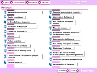 PRESENTACIÓN
                                                                                HISTORIA DE ESPAÑA
  INICIO                          RECURSOS      INTERNET
                                                                                      TEMA 1

Recursos
      Mapa del Imperio romano
      Mapas europeos, en los años 1919 y 1939              Fases de la conquista de Hispania


      Cuadro cronológico                                   Las minas de Cartagena


     La Gran Dolina en Atapuerca                           Red comercial del Imperio
                                                           romano

      Yacimiento de Atapuerca
                                                           Monedas romanas

     Proceso de hominización
                                                           Grupos que formaban la sociedad
                                                           de la Hispania romana
      Altamira
                                                           Las provincias de Hispania
      Pintura levantina
                                                           Red viaria y principales ciudades
     Monumentos megalíticos
                                                           El edicto de Tesalónica
      Distribución de iberos y celtas
                                                           División del Imperio romano
                                                           e invasiones de los pueblos germanos
      Colonización de cartaginenses, griegos
      y fenicios
                                                           Invasiones germanas en la Península
     Toma de Numancia
                                                           La conversión de Recaredo


                                                                  ANTERIOR           SALIR     Santillana
 