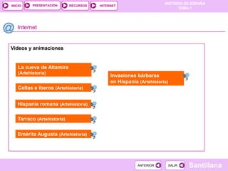 PRESENTACIÓN
                                                                    HISTORIA DE ESPAÑA
INICIO                      RECURSOS   INTERNET
                                                                          TEMA 1




   Internet


Videos y animaciones


    La cueva de Altamira
    (Artehistoria)
                                            Invasiones bárbaras
                                            en Hispania (Artehistoria)
    Celtas e iberos (Artehistoria)


   Hispania romana (Artehistoria)

   Tarraco (Artehistoria)


   Emérita Augusta (Artehistoria)




                                                        ANTERIOR         SALIR   Santillana
 