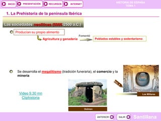 PRESENTACIÓN
                                                                                  HISTORIA DE ESPAÑA
  INICIO                          RECURSOS      INTERNET
                                                                                        TEMA 1


 1. La Prehistoria de la península Ibérica

Las sociedades neolíticas (5000-2500 a.C.)
           Producían su propio alimento
                                                        Fomentó
                              Agricultura y ganadería               Poblados estables y sedentarismo




            Se desarrolla el megalitismo (tradición funeraria), el comercio y la
            minería




             Video 9.30 mn                                                                         Los Millares
              Cliphistoria


                                                           Dolmen


                                                                     ANTERIOR       SALIR    Santillana
 