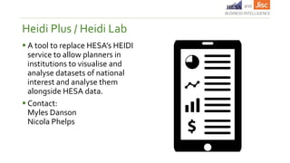 Heidi Plus / Heidi Lab
 A tool to replace HESA’s HEIDI
service to allow planners in
institutions to visualise and
analyse datasets of national
interest and analyse them
alongside HESA data.
 Contact:
Myles Danson
Nicola Phelps
 