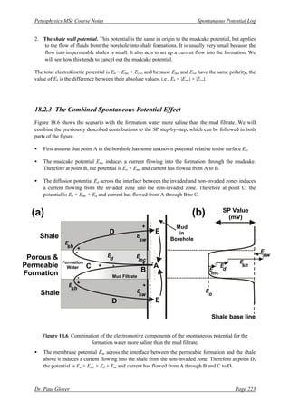 Petrophysics MSc Course Notes Spontaneous Potential Log
Dr. Paul Glover Page 223
2. The shale wall potential. This potential is the same in origin to the mudcake potential, but applies
to the flow of fluids from the borehole into shale formations. It is usually very small because the
flow into impermeable shales is small. It also acts to set up a current flow into the formation. We
will see how this tends to cancel out the mudcake potential.
The total electrokinetic potential is Ek = Emc + Esw, and because Emc and Esw have the same polarity, the
value of Ek is the difference between their absolute values, i.e., Ek = |Emc| + |Esw|.
18.2.3 The Combined Spontaneous Potential Effect
Figure 18.6 shows the scenario with the formation water more saline than the mud filtrate. We will
combine the previously described contributions to the SP step-by-step, which can be followed in both
parts of the figure.
• First assume that point A in the borehole has some unknown potential relative to the surface Eo.
• The mudcake potential Emc induces a current flowing into the formation through the mudcake.
Therefore at point B, the potential is Eo + Emc and current has flowed from A to B.
• The diffusion potential Ed across the interface between the invaded and non-invaded zones induces
a current flowing from the invaded zone into the non-invaded zone. Therefore at point C, the
potential is Eo + Emc + Ed and current has flowed from A through B to C.
Figure 18.6 Combination of the electromotive components of the spontaneous potential for the
formation water more saline than the mud filtrate.
• The membrane potential Em across the interface between the permeable formation and the shale
above it induces a current flowing into the shale from the non-invaded zone. Therefore at point D,
the potential is Eo + Emc + Ed + Em and current has flowed from A through B and C to D.
Mud
in
Borehole
Shale
Mud Filtrate
Porous &
Permeable
Formation
Shale
Formation
Water
E
sh
E
sw
E
sw
E
sh
E
d E
mc
E
D
C
B
E
D
+
+
+
+
+ +
-
-
-
-
-
-
-
+
+
+
+
+
+
+
+
+
+
+
+
+
+
-
-
-
-
-
-
-
-
-
-
A
(a) (b) SP Value
(mV)
Shale base line
E
mc
E
sw
E
d
E
sh
E
o
 