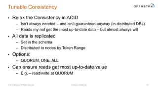 Tunable Consistency
• Relax the Consistency in ACID
– Isn’t always needed – and isn’t guaranteed anyway (in distributed DBs)
– Reads my not get the most up-to-date data – but almost always will
• All data is replicated
– Set in the schema
– Distributed to nodes by Token Range
• Options:
– QUORUM, ONE, ALL
• Can ensure reads get most up-to-date value
– E.g. – read/write at QUORUM
© 2014 DataStax, All Rights Reserved. Company Confidential 17
 