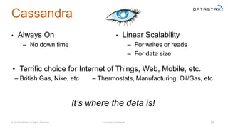 Cassandra
• Always On
– No down time
• Linear Scalability
– For writes or reads
– For data size
© 2014 DataStax, All Rights Reserved. Company Confidential 28
• Terrific choice for Internet of Things, Web, Mobile, etc.
– British Gas, Nike, etc – Thermostats, Manufacturing, Oil/Gas, etc
It’s where the data is!
 