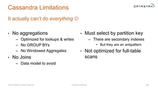 Cassandra Limitations
• No aggregations
– Optimized for lookups & writes
– No GROUP BYs
– No Windowed Aggregates
• No Joins
– Data model to avoid
• Must select by partition key
– There are secondary indexes
• But they are an antipattern
• Not optimized for full-table
scans
© 2014 DataStax, All Rights Reserved. Company Confidential 29
It actually can’t do everything 
 