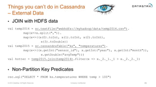 Things you can’t do in Cassandra
– External Data
• JOIN with HDFS data
val temp2014 = sc.textFile("webhdfs://myhadoop/data/temp2014.csv").
map(x=>x.split(",")).
map(x=>((x(0).toInt, x(1).toInt, x(2).toInt),
x(3).toDouble))
val temp2015 = sc.cassandraTable("ks", "temperatures").
map(x=>((x.getInt("sensor_id"), x.getInt("year"), x.getInt("month")),
x.getDouble("avgTemp")))
val hotter = temp2015.join(temp2014).filter(x => x._2._1._1 > x._2._2._1)
• Non-Partition Key Predicates
csc.sql("SELECT * FROM ks.temperatures WHERE temp > 100")
© 2014 DataStax, All Rights Reserved. Company Confidential 45
 